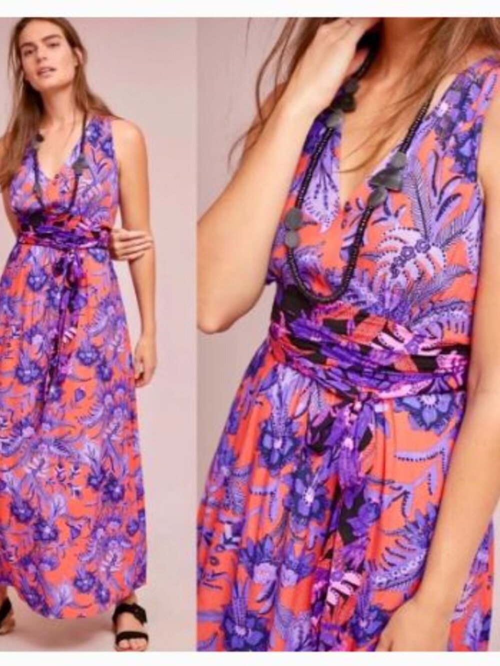 Anthropologie Maeve Orange Maxi Dress with Purple Floral Print Size